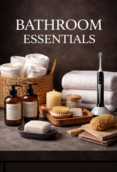 Bathroom essentials including towels, toiletries, and cleaning tools on a dark surface with 'Bathroom Essentials' text.