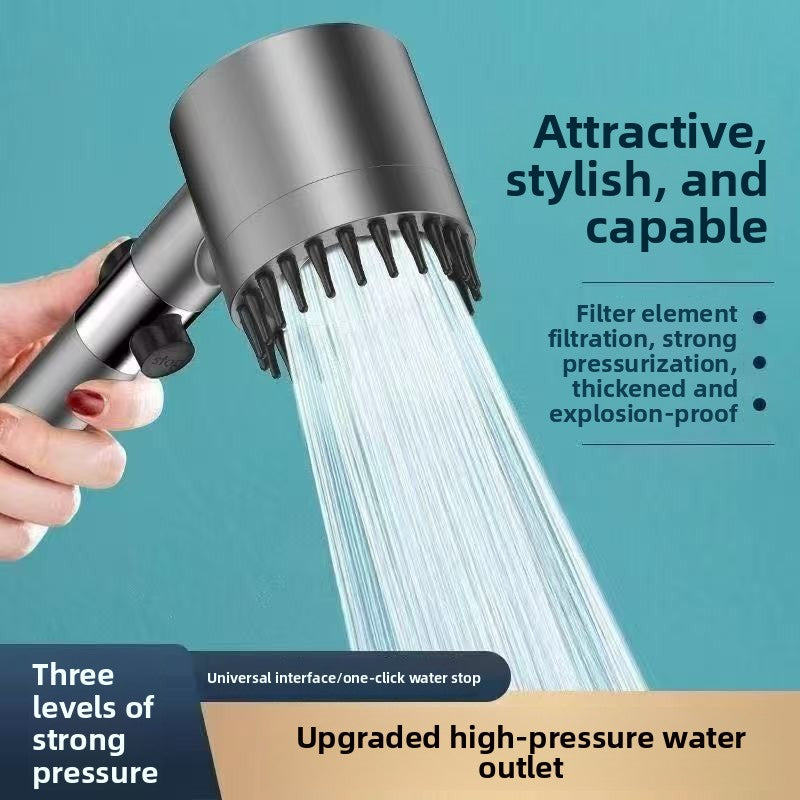 Handheld shower head with water flowing, against a teal background with text about features.