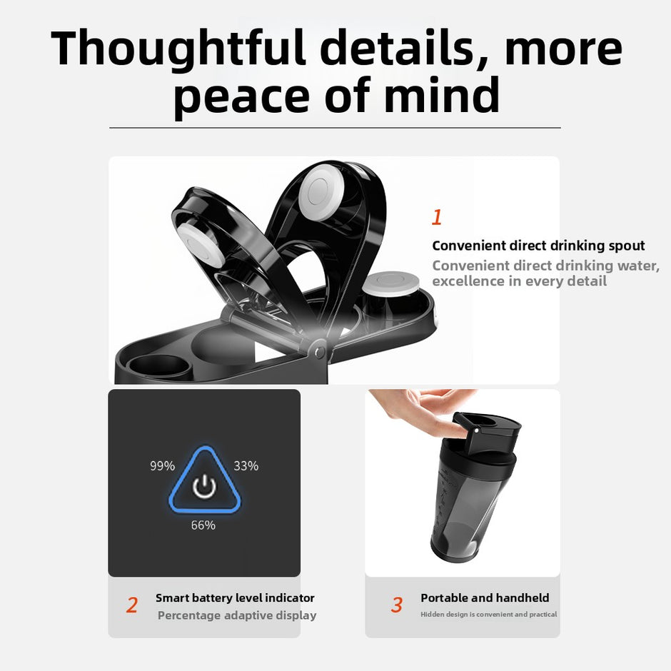 Black water bottle with direct drinking spout, smart battery level indicator, and portable design on a white background.