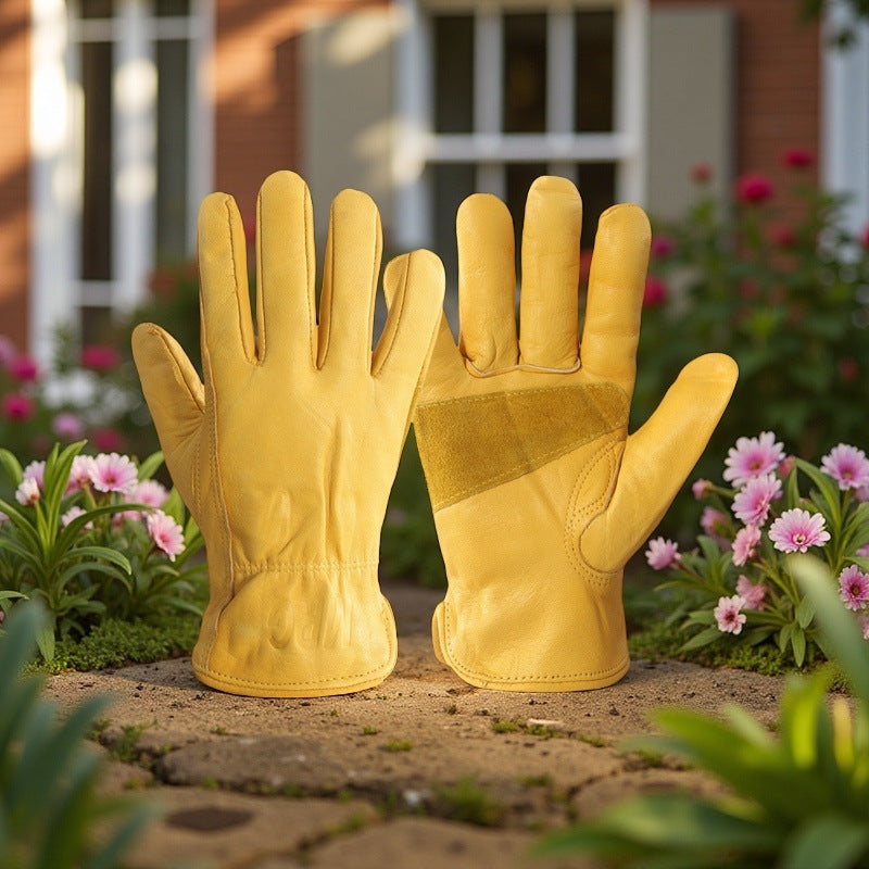 Pair of yellow gardening gloves on a garden path with flowers in the background