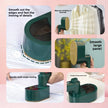 Collage of a green iron with text describing its features on a pink background
