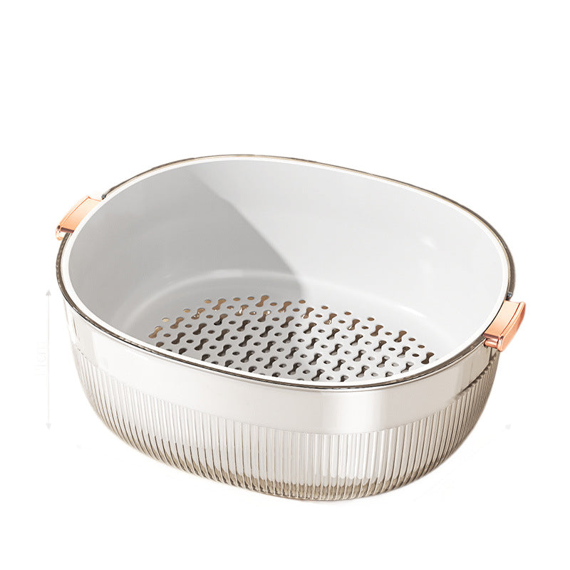 Metal colander with rose gold handle on a white background