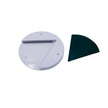 Round white light fixture with a dark green shade on a white background