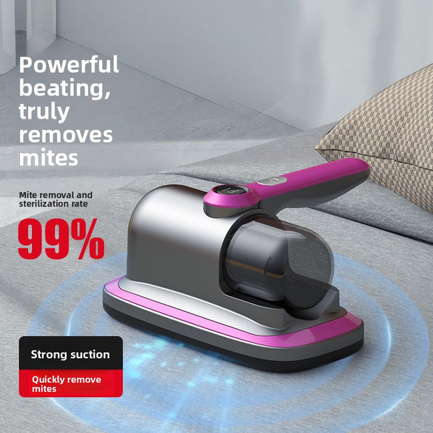 Vacuum cleaner with pink handle on a gray couch, highlighting mite removal capabilities.