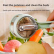Vegetable peeler being used on a potato with fruits and vegetables in the background
