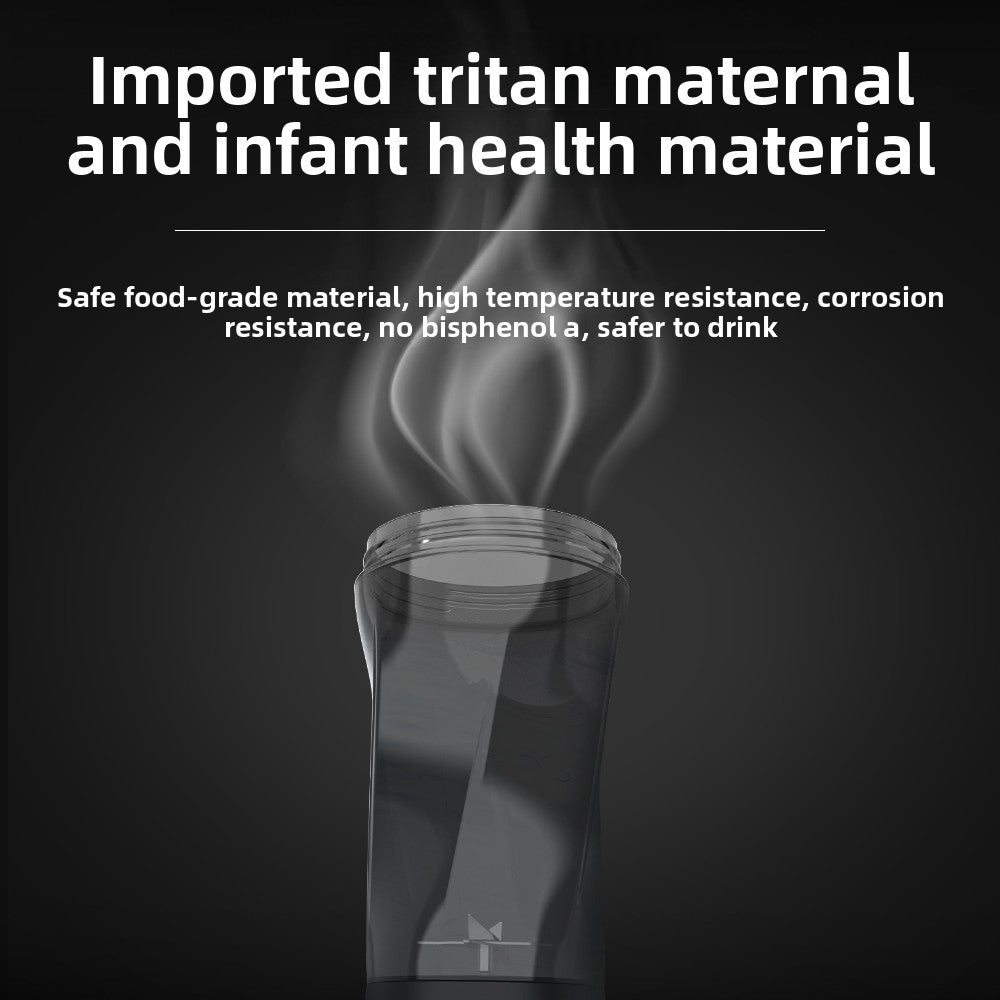 Glass container with steam on a black background, text about imported tritan material for maternal and infant health.
