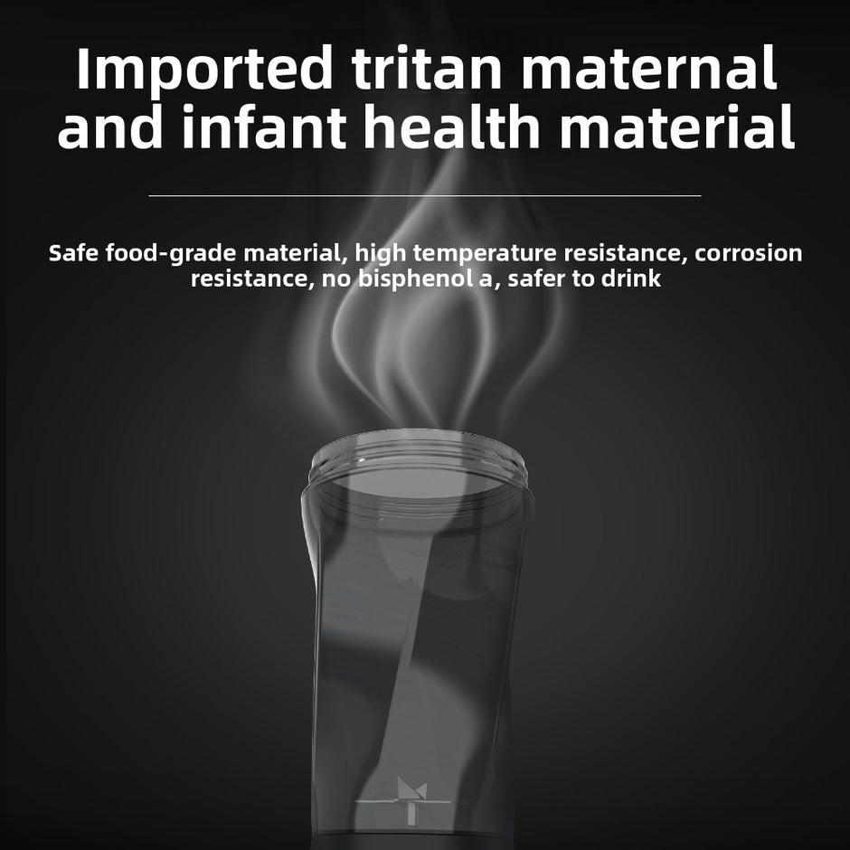 Glass container with steam on a black background, text about imported tritan material for maternal and infant health.