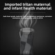 Glass container with steam on a black background, text about imported tritan material for maternal and infant health.