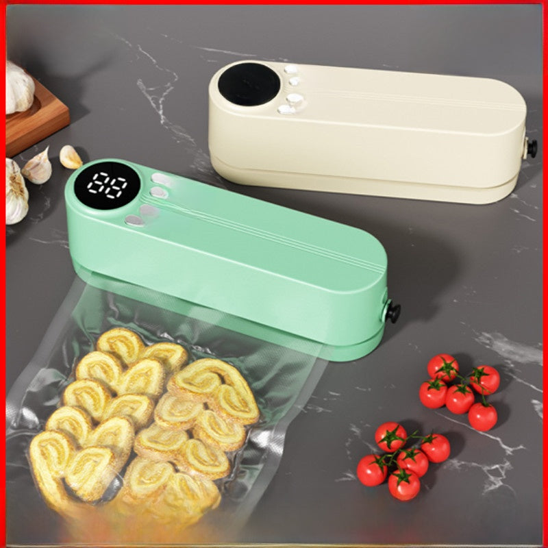 Green vacuum sealer on a gray surface with food items around