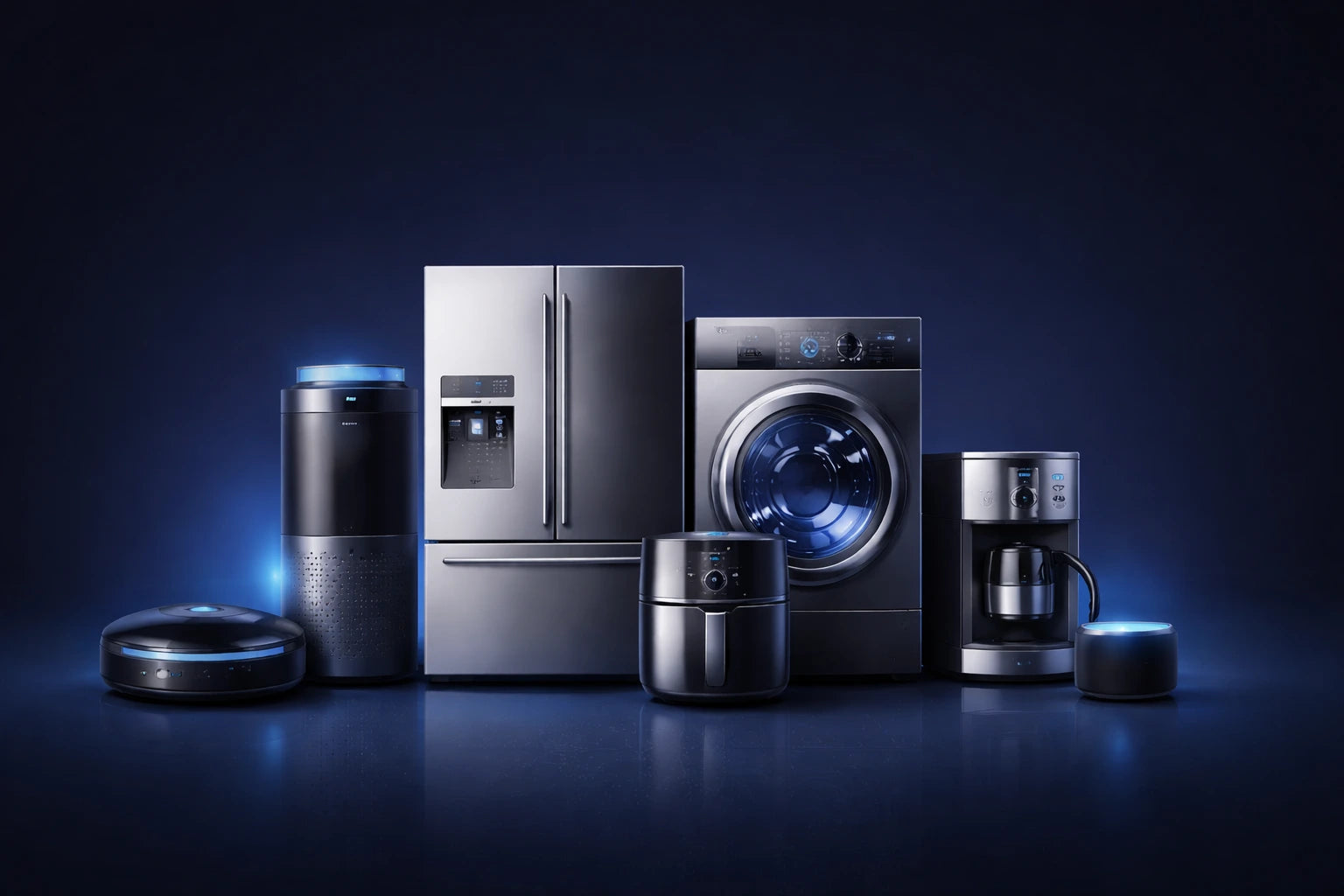 A collection of kitchen appliances, including a refrigerator, microwave, and coffee maker, arranged on a countertop.