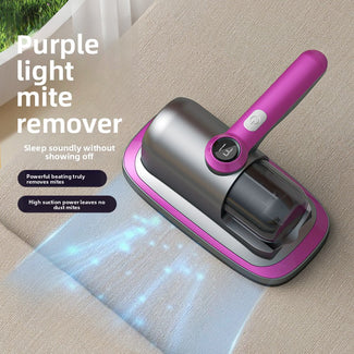 Purple light mite remover on a surface with text highlighting its features.