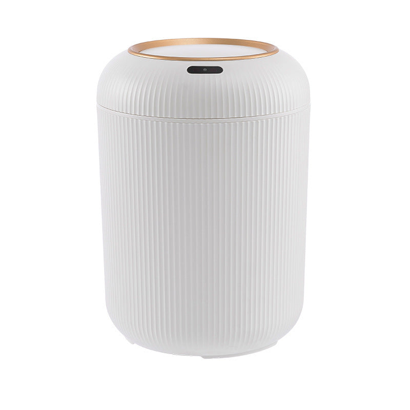 White textured trash can with wooden lid on a white background