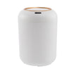 White textured trash can with wooden lid on a white background