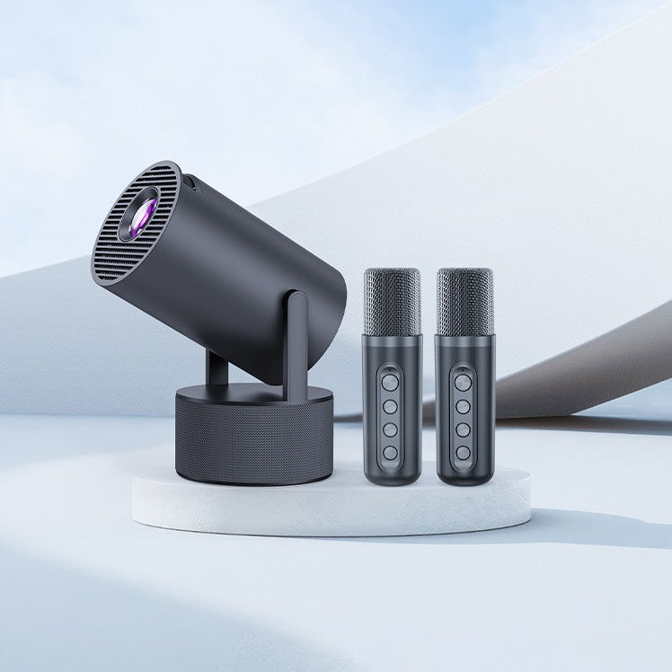 Black microphone setup on a white platform with a gradient blue background