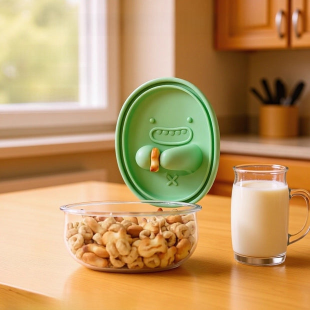 Glass bowl with a green lid featuring a cartoon character, filled with nuts, next to a glass of milk on a kitchen counter.