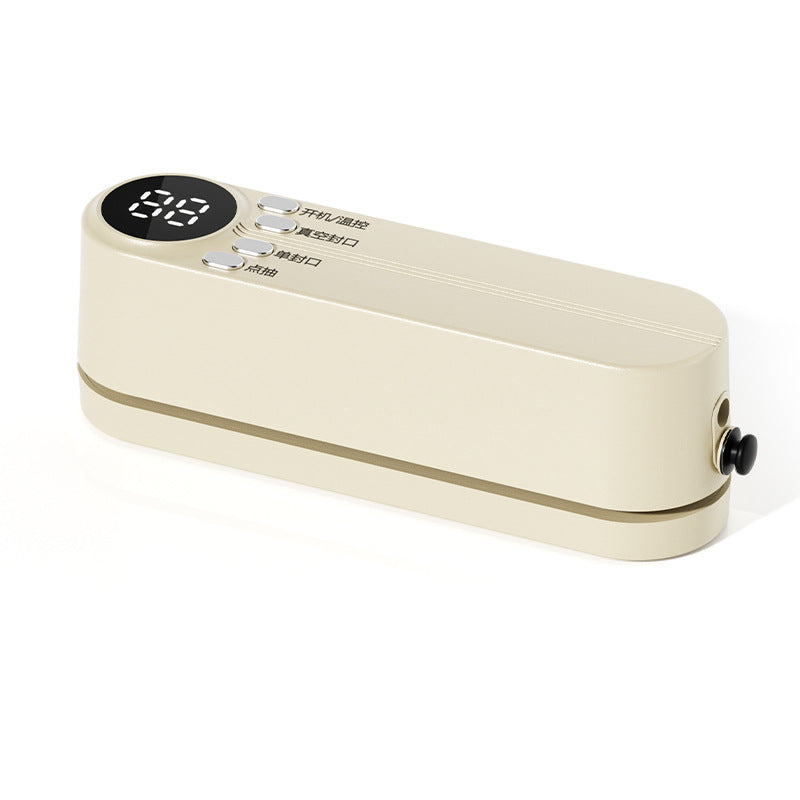 Beige electronic device with digital display on a white background