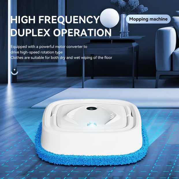 Mopping machine on a floor with text about high-frequency duplex operation in a modern living room setting.