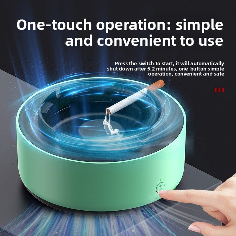 Green electronic ashtray with a hand pressing a button, displaying text about one-touch operation.
