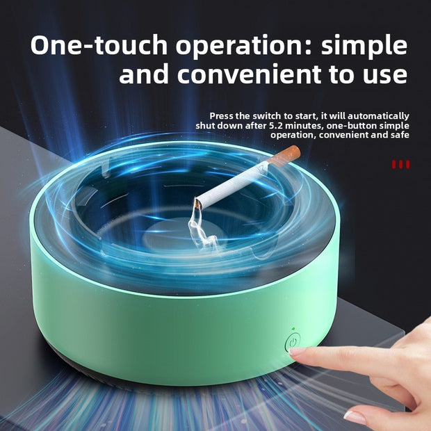 Green electronic ashtray with a hand pressing a button, displaying text about one-touch operation.