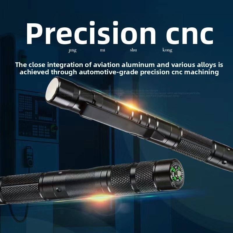 Precision cnc machined metal rod with text on a dark background