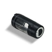 Black cylindrical device with a clear transparent section on a white background
