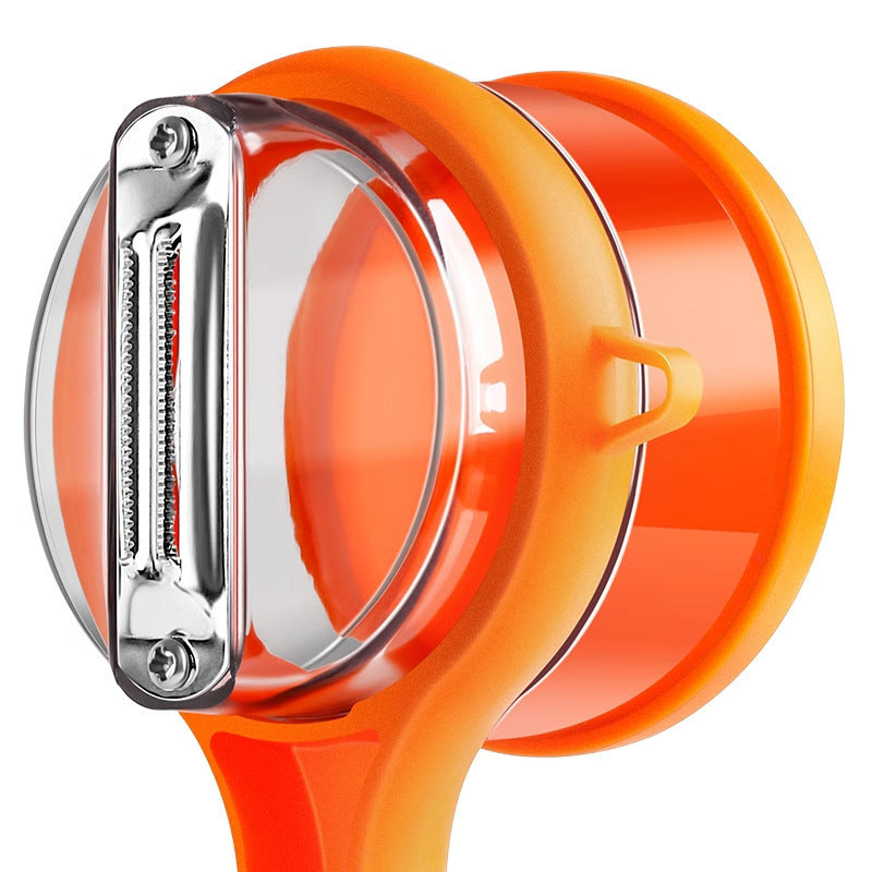 Orange peeler with clear plastic lid on a white background