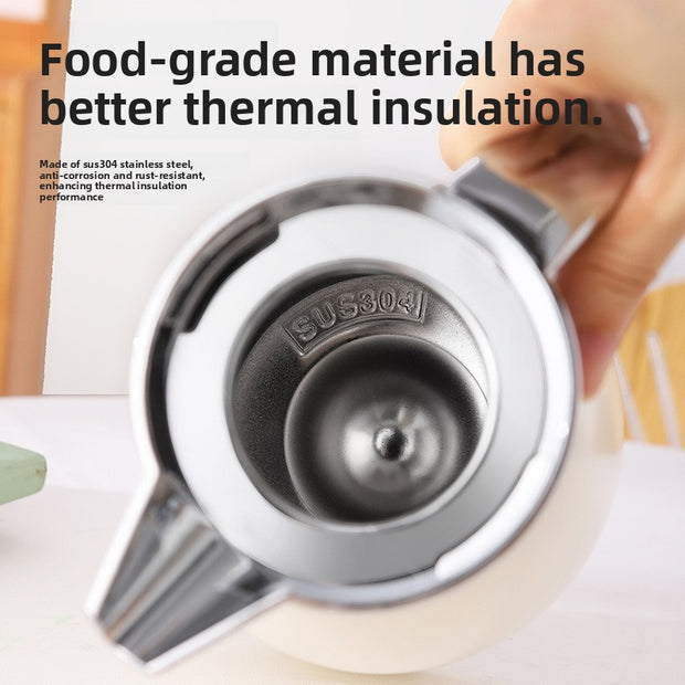 Stainless steel component with SUS304 marking, held by a hand, with text about food-grade material insulation.