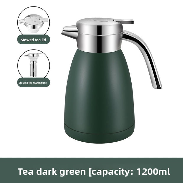 Dark green thermos with silver lid and spout on a white background