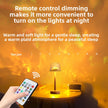 Table lamp with remote control on a warm background, promoting remote control dimming feature.