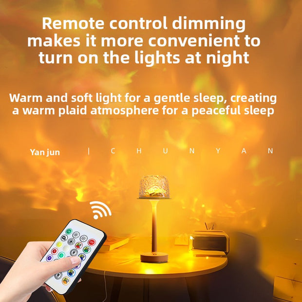 Table lamp with remote control on a warm background, promoting remote control dimming feature.