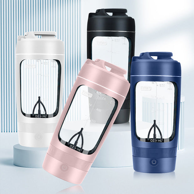 Four different colored water bottles with digital displays on a light background