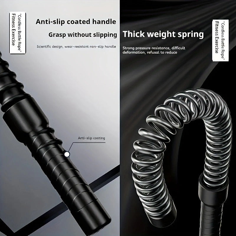 Fitness resistance band with anti-slip handle and thick weight spring on a black background