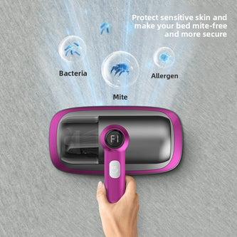Purple handheld device cleaning a surface with text about protecting sensitive skin from bacteria, mites, and allergens.