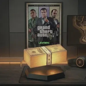 GTA-themed money stack lamp with glowing base, displayed beside game poster and map art