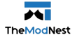 Logo of The Mod Nest with a blue and black design on a white background